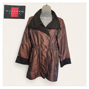 Gallery Petite PP XS Iridescent Brown Black Reversible Rain Coat Jacket Metallic